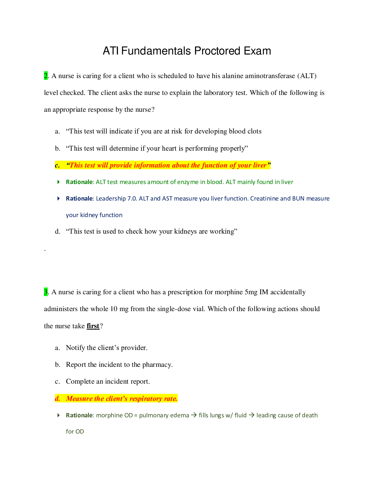 Preview of NURSING ATI ATI Fundamentals Exam updated question and answers